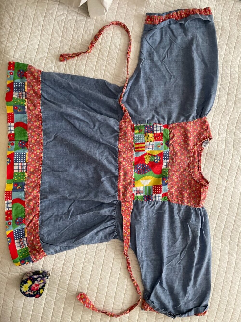 Vintage 70s Girls Holly Hobbie Style Patchwork/Chambray Peasant Blouse - Size 12